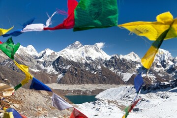 Mount Everest, Lhotse and Makalu with buddhist prayer flags