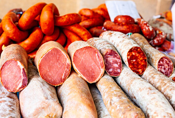 Tasty sausages, delicious pork loin and typical Spanish blood sausages.