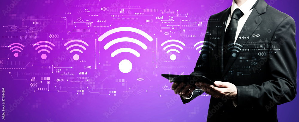 Poster wifi theme with businessman using his tablet computer