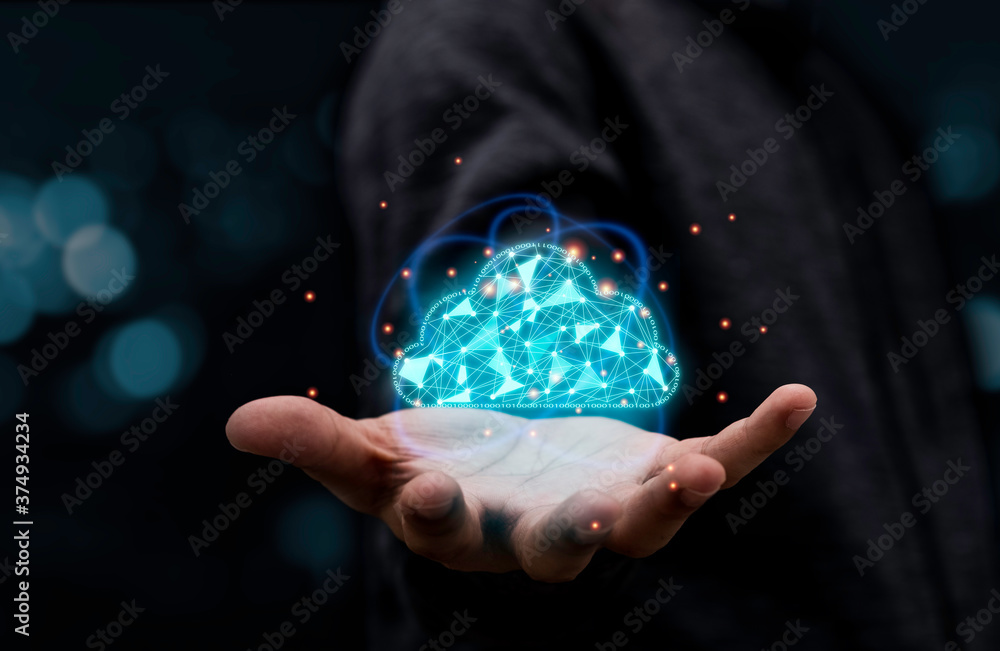 Poster businessman holding virtual cloud computing to transfer data information and upload download applica