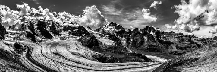 Black and white panorama of a mountaintop in Switzerland