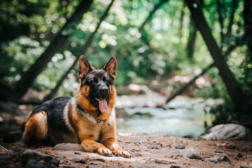 German shepherd dog posing outside. Happy and healthy dogs together. Two dogs outside.	
