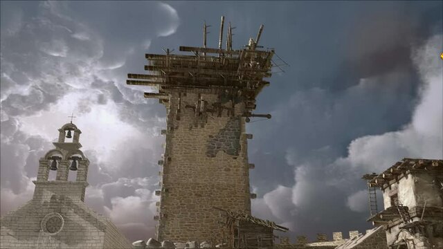 Attack on an ancient city and tower with a fireball. Firing a fireball with a catapult