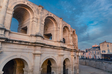 Fototapeta na wymiar The ancient roman ruins in Arles, Provence, at sunset.