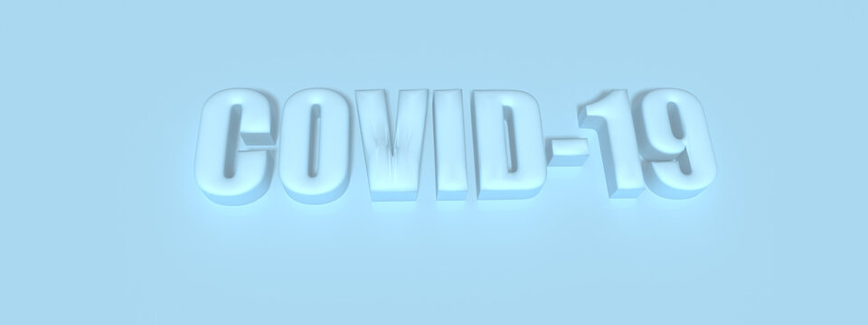 Blue three-dimensional inscription on a light blue background. COVID-19. Title. 3D rendering.