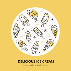 Delicious ice cream - - line design style banner