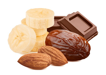 Banana slices, dates, almonds and chocolate isolated on white background