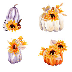 Naklejka na ściany i meble Watercolor hand painted pumpkin compositions, perfect to use on the web or in print