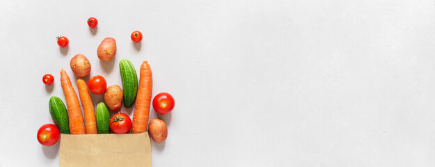 Fresh farm vegetarian and vegan vegetables in paper bag on white background. Healthy food supermarket banner. Zero waste concept. Copy space