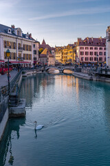 The sunset view of the old town of Annecy, Provence, France.