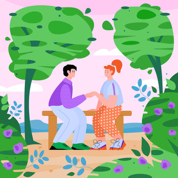 Couple sitting on a bench in spring park with flowers and green trees. Man and woman recreating in warm spring forest, flat cartoon vector illustration background