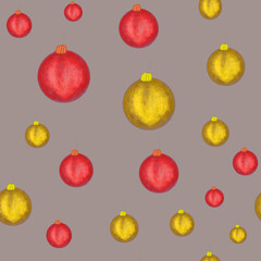 Christmas decorations seamless pattern on gray background. Watercolor golden and red Christmas balls. Print, packaging, wallpaper, textile design