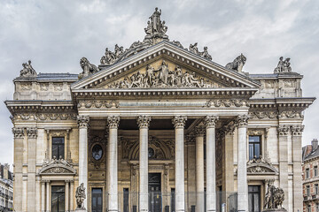 Architectural fragment of Brussels Bourse, which houses the country's Stock Exchange. The building erected from 1868 to 1873 in the Neo-Renaissance style. Brussels, Belgium.