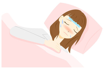 体調不良　熱　寝る　女性
