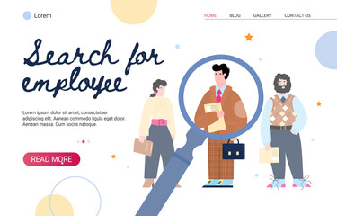 Website banner mockup for searching employee and recruitment with cartoon characters flat vector illustration. Human resources and work of hr agency concept.
