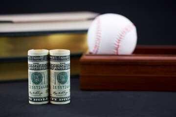 Successful strategic sports investments whether professional or academic are reflected in symbols of currency, baseball, books, and box; 