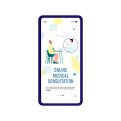 Mobile application page for online medical consultation with cartoon people, flat vector illustration. Connection screen for online medicine and doctor consultation.