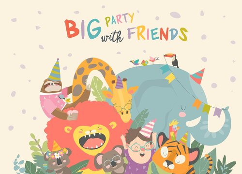 Vector birthday background with happy cartoon animals