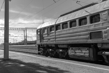 Locomotive at the railway station black and white photo