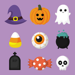 Happy halloween elements set isolated on purple background. vector illustration.