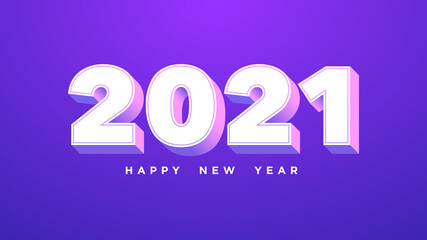 Happy New 2021 Year. Isometric number 2021 with white purple pink colors, bold digits in 3d style