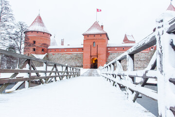 Trakai island castle, Lithuania exterior view, from the wooden bridge, leading to the front gate