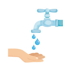 hand with water tap faucet and drops