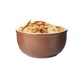 Tasty fried onion in bowl isolated on white