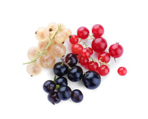 Mix of different fresh currant berries isolated on white, top view