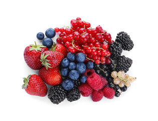 Mix of different fresh berries isolated on white, top view