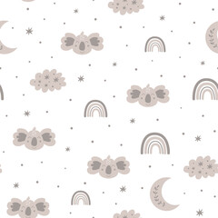 Koala pattern Baby scandinavian pattern Boho grey rainbows, cute koala face, sleeping. Kids animal texture © Tani Kuzminka