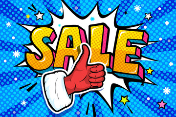 Santa Claus hand in red suit and mitten showing thumb up in pop art style. Sign like and Xmas Sale Message in pop art style