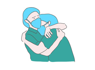 Covid virus makes people and doctors sad.  
disaster, doctor, cure, hug.