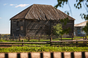 old wooden dilapidated houses in the village on a summer day