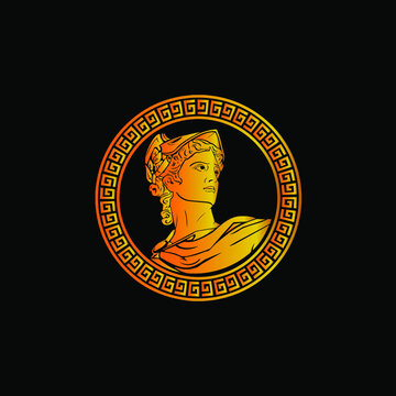 Ares, Greek god of war with circle and golden color logo. 