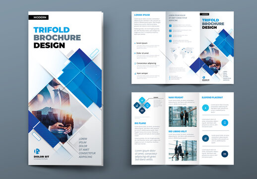 Blue Trifold Brochure Layout with Rectangle Elements