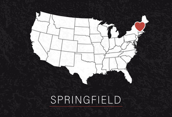 Love Springfield Picture. Map of United States with Heart as City Point. Vector Stock Illustration