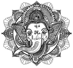 Ganesha is a god. The head of an elephant. Indian deity, religious symbol. Drawing by hand.