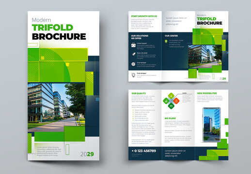 Green Trifold Brochure Layout with Rectangle Elements