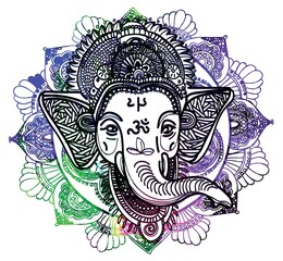 Ganesha is a god. The head of an elephant. Indian deity, religious symbol. Drawing by hand.