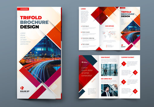 Red Trifold Brochure Layout with Rectangles