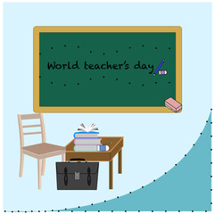 Happy teacher's day with green chalkboard,book,table,chair, eraser,eraser brush.