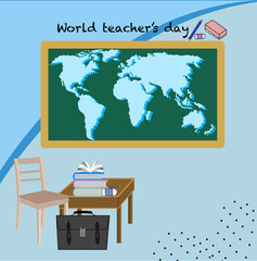 Happy teacher's day with green chalkboard,book,table,chair, eraser,eraser brush.