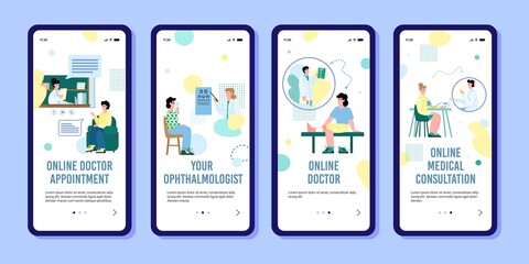 Online doctor appointment - mobile app banner set for virtual medical consultation service with cartoon people at hospital. Vector illustration of onboarding concepts.