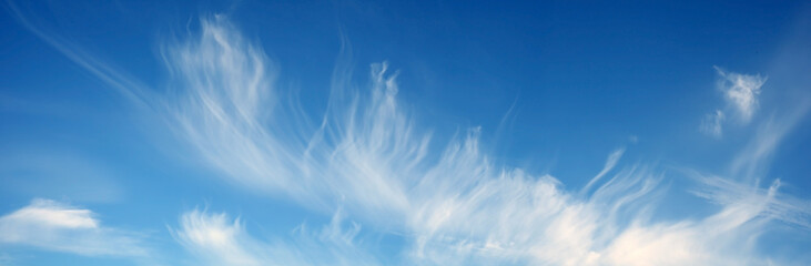 White feather clouds cover the blue sky.
