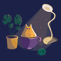 Cat in the bowl as a story illustration for any type of design