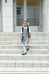 A first-grader walks up the steps of the school. Day of knowledge. September 1
