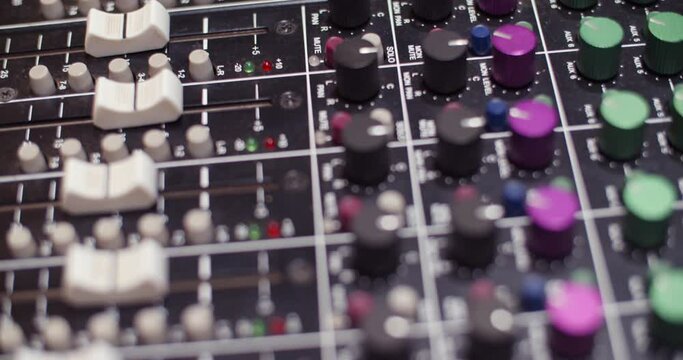 Close up shot af a Toft console / Professional recording studio / 4K at 60fps (slowmotion) / Professional audio vives