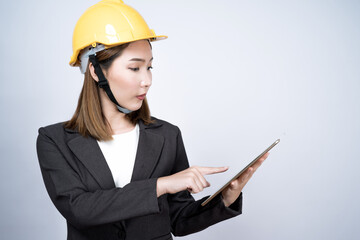 Asian female engineer, Isolated on white background.