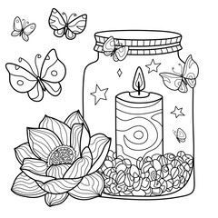 Coloring antistress page for adults and children. The jar contains a candle with pebbles, a lotus flower lies nearby and butterflies fly
